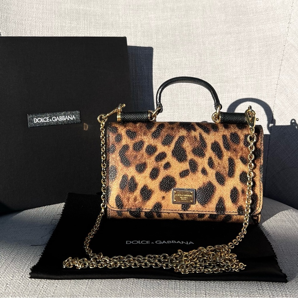 DOLCE GABBANA Dauphine Leopard Print Mini Miss Sicily Chain Wallet Brown Black